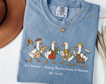 Funny Goose Art Teacher Shirt, Personalized Comfort Colors Tee, Custom Name Gift for Painting Teacher