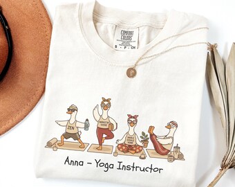 Funny Goose Yoga Instructor Shirt, Personalized Custom Name Yoga Teacher Gift, Comfort Colors Cute Meditation Animal Yoga Lover Tee