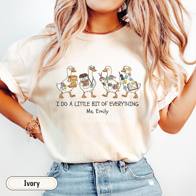 Personalized paraprofessional Comfort Colors shirt featuring funny goose characters carrying school supplies, coffee, snacks, and classroom essentials with custom teacher name, perfect gift for teacher aides, paraeducators, SPED staff, and RBTs.