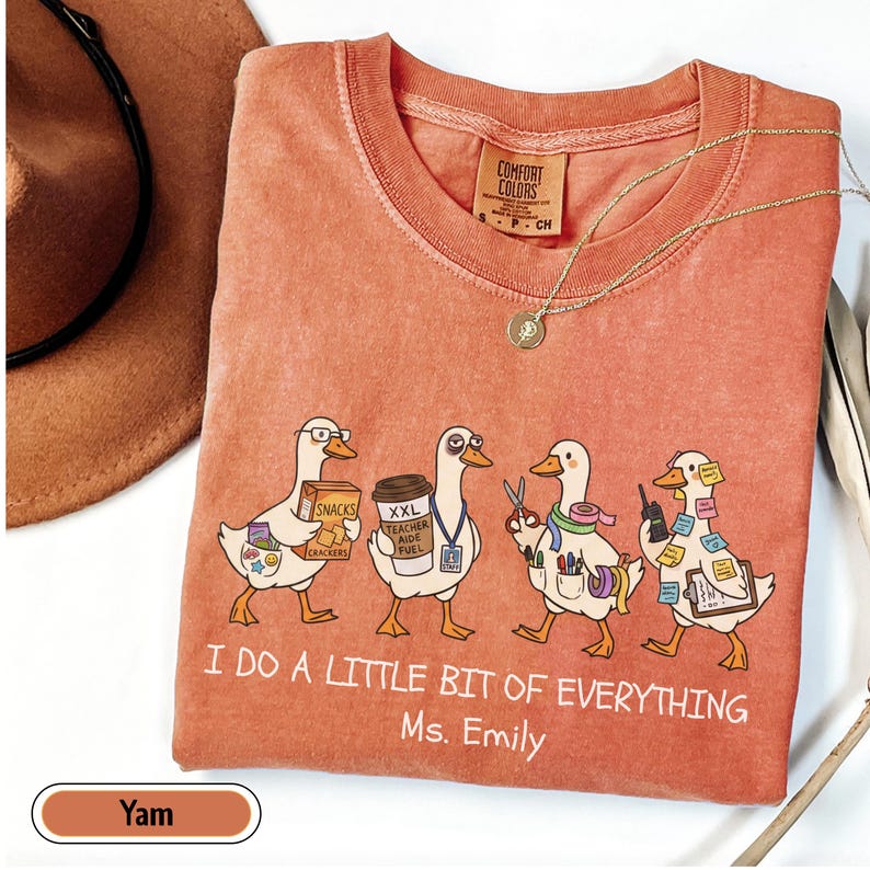 Personalized paraprofessional Comfort Colors shirt featuring funny goose characters carrying school supplies, coffee, snacks, and classroom essentials with custom teacher name, perfect gift for teacher aides, paraeducators, SPED staff, and RBTs.
