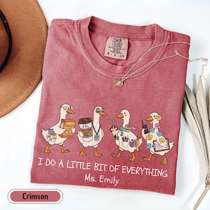 Personalized paraprofessional Comfort Colors shirt featuring funny goose characters carrying school supplies, coffee, snacks, and classroom essentials with custom teacher name, perfect gift for teacher aides, paraeducators, SPED staff, and RBTs.