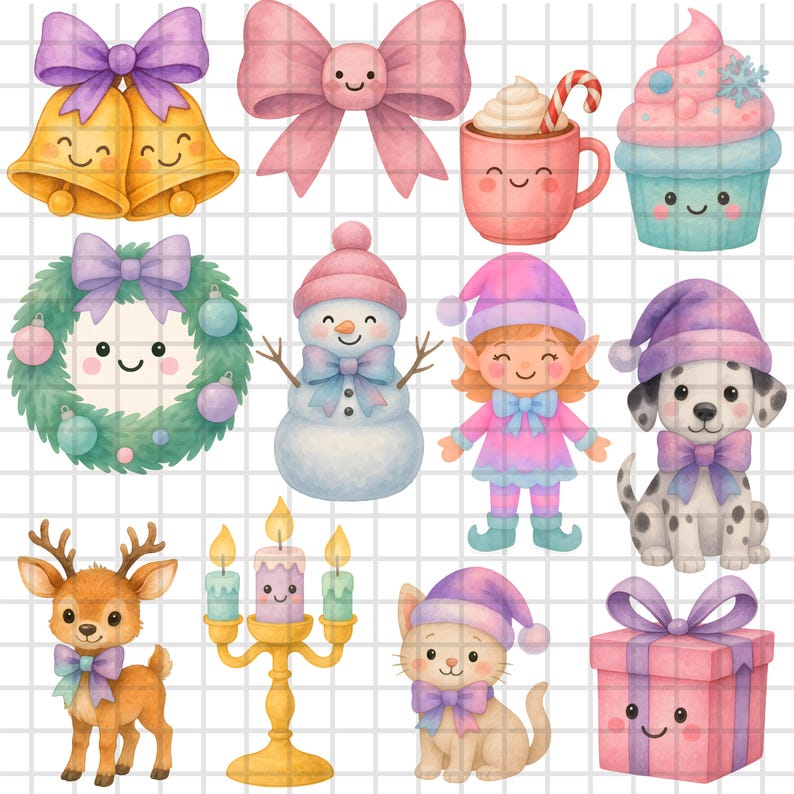 Cute Watercolor Christmas Clipart - Kawaii Png - Pastel Christmas ...