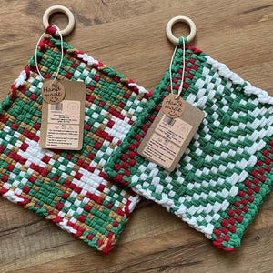 Handmade Woven Loom Pot Holder Trivet Set of 2 Pro XL, Modern Farmhouse Kitchen Oven Hot Pads, Pine Tree & Plaid in Green, White, Red