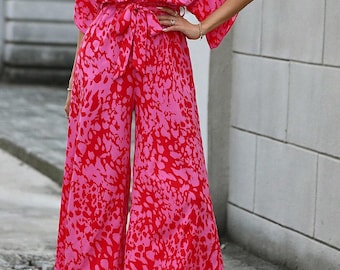 Leopard Print Flounce Sleeve Belted Wide Leg Jumpsuit - Rose