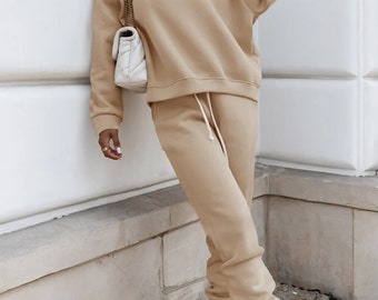 Solid Color Hoodie and Drawstring Joggers Set - Khaki