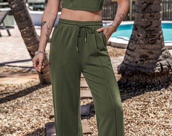 Ensemble débardeur court et pantalon large uni - vert jungle