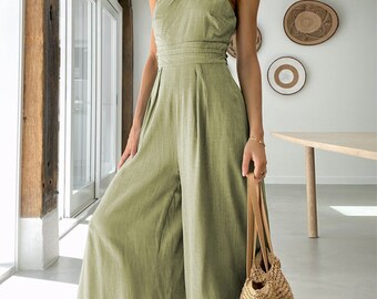 Casual asymmetrische jumpsuit met dunne bandjes en wijde pijpen - groen