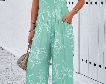 Abstract Print Wide Leg Bib Overall - Moonlight Jade