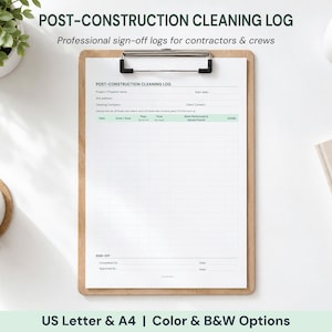 Könnte beinhalten: Ein hölzernes Klemmbrett mit einem weißen Papierformular mit der Überschrift POST-CONSTRUCTION CLEANING LOG. Das Dokument enthält Felder für Projektnamen, Standortadresse, Reinigungsfirma sowie eine Tabelle zur Erfassung von Daten und Aufgaben.