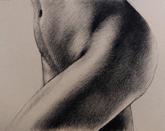 Figure Study-Original Figure Drawing-Black Chalk on Toned Paper by Walter Gordon