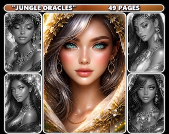 Jungle Oracles Grayscale Coloring Book for Adults, Realistic Portraits (Digital Download)