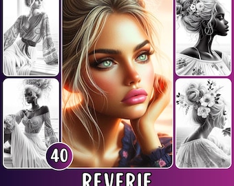 Reverie Grayscale Fantasy Portraits Coloring Pages for Adults (40 Printable PDF)