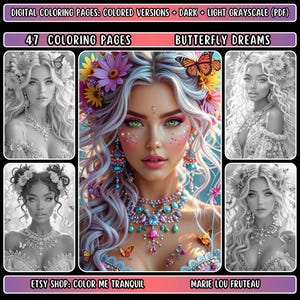 47 Graustufen Ausmalbilder für Erwachsene | Schöne Frau | Schwarze Frau | Blumen | Schmetterlinge | Realistische Porträts |
