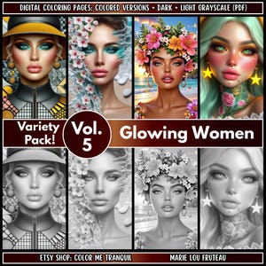 20 &quot;Glowing Women&quot; Pages Grayscale Portrait Coloring Book | Beautiful Women Faces | Realistic | Adult Coloring PDF | Instant Download