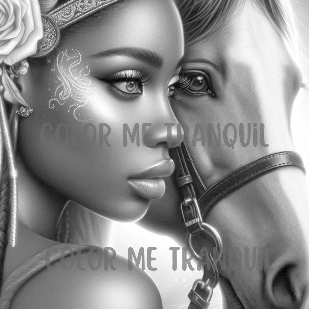 大人向けの「ホース・ウィスパラー」の印刷可能なグレースケールぬり絵 59 枚 | 美しい女性 | 黒人女性 | 馬 | 魔法の | リアル | PDF  - Etsy 日本, image size:1080x1080