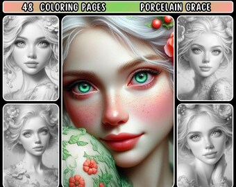 Dibujos para colorear de retratos fantásticos en escala de grises – Gracia de porcelana, 48 páginas (descarga digital)