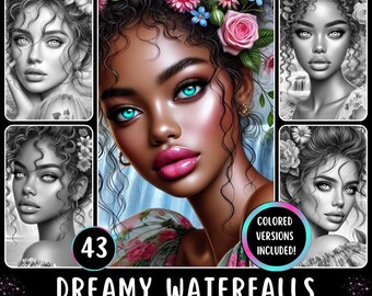 Grayscale Coloring Pages – Fantasy Realistic Portraits, Dreamy Waterfalls (PDF Download)