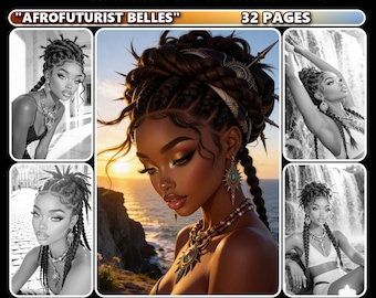Afrofuturist Belles Grayscale Coloring Book for Adults, Realistic Portraits (Digital Download)
