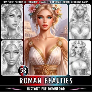 53 枚の「ローマ美女」のグレースケールぬり絵 | 美しい女性 | 可愛い女の子 | 黒人女性 | ローマ帝国 | ローマ皇后 | 大人向け |