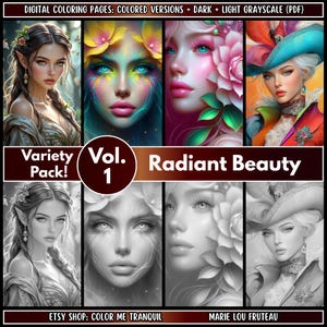 20 &quot;Radiant Beauty&quot; Pages | Grayscale Portrait Coloring Book | Beautiful Women Faces | Adult Coloring PDF | Instant Download | Bundle