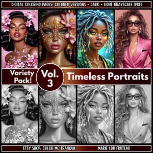 20 &quot;Timeless Portraits&quot; Pages Grayscale Portrait Coloring Book | Beautiful Women Faces | Black Women | Adult Coloring PDF | Instant Download