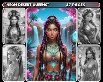Neon Desert Queens Grayscale Coloring Book for Adults, Realistic Portraits (Digital Download)