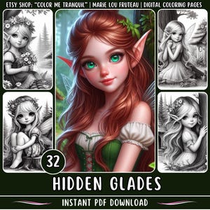 Puede incluir: Un libro de colorear digital de 32 páginas con ilustraciones de hadas en un entorno de bosque. La imagen de portada muestra un hada con el pelo largo y rojo y ojos verdes. El texto "HIDDEN GLADES" y "INSTANT PDF DOWNLOAD" también es visible en la portada.