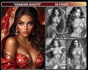 Arabian Nights Grayscale Coloring Pages for Adults – Fantasy Women Portraits (PDF)