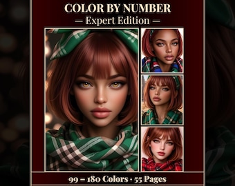 Mosaic color by number book for adults with 55 pages and 99 to 180 colors featuring the design Auburn Tartan