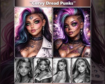Curvy Dread Punk Grayscale Coloring Book for Adults, Realistic Portraits (Digital Download)