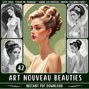 42 &quot;Art Nouveau Beauties&quot; Grayscale Coloring Pages | Beautiful Women | Pretty Girls | Art Nouveau Fashion Style | Beauties | PDF Download