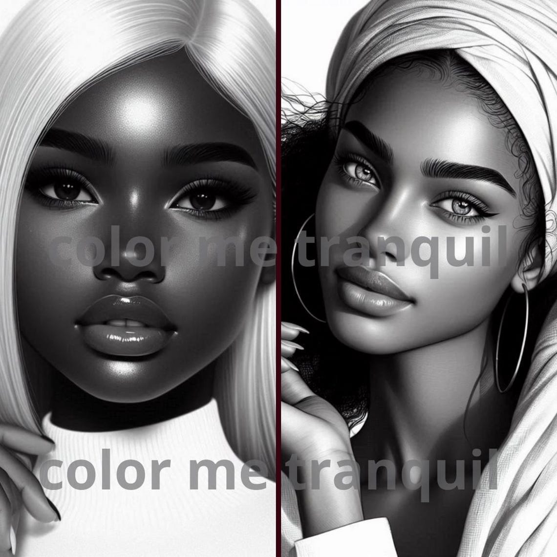Grayscale Portrait Coloring Pages | Black Beauties (printable PDF) - Etsy