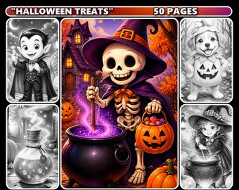 Halloween Treats Grayscale Coloring Book for Adults, (Digital Download)