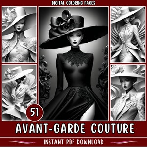 51 "Avant-Garde Couture" kleurplaten in grijstinten | Modestijl | Topmodellen | Mooie vrouwen | Mooie meiden | Jurken | Hoeden | Futuristisch