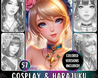 Grayscale Coloring Pages for Adults featuring Anime Girls and Manga from "Cosplay & Harajuku" (PDF)