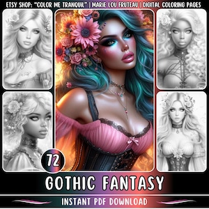 72 „Gothic Fantasy” Kolorowanki w odcieniach szarości | Piękne kobiety | Ładne dziewczyny | Czarne kobiety | Dziewczyny gotyckie | Romantyczny gotyk | Dla dorosłych | PDF