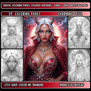May include: A digital coloring page featuring a woman with horns, red lips, and blue eyes. She is wearing a red dress with a plunging neckline and a red cape. The background is a dark red and black with a full moon. The text "CHARMING DEVIL" is at the top of the image.