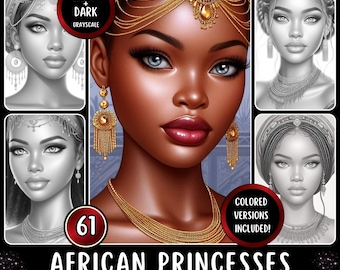 African Princess Grayscale Coloring Pages – Fantasy Portraits, Realistic Illustrations (PDF Download)