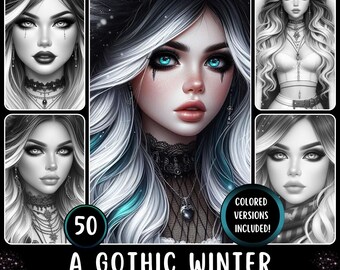 50 &quot;A Gothic Winter&quot; Printable Grayscale Coloring Pages for Adults | Beautiful Women | Pretty Girls | Realistic Portraits | Winter Fashion
