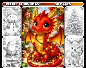 Velvet Christmas Grayscale Coloring Book for Adults, 50 Pages, (Digital Download)