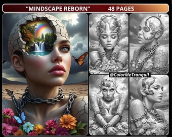 Grayscale Coloring Pages for Adults – Surreal Fantasy Portraits (PDF Download) - Mindscape Reborn