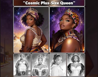 Cosmic Plus Size Queen Grayscale Coloring Book for Adults, Realistic Portraits (Digital Download)