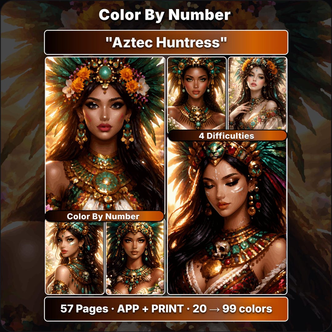 Aztec Huntress Color by Number for Adults, Women's Portraits, 20 to 99 ...