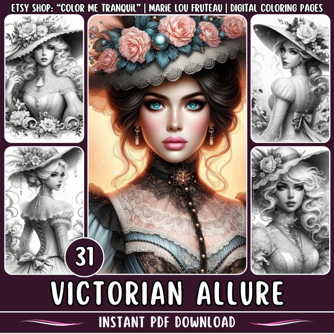 Grayscale Coloring Pages for Adults Featuring 31 Victorian Allure With ...