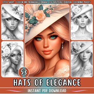 May include: A digital coloring page featuring a woman wearing a large white hat with floral embellishments. The image is part of a collection of 53 coloring pages titled "Hats of Elegance".