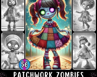 Creepy Halloween Grayscale Coloring Pages for Adults | Cute Zombies | Child |  | Scary | Patchwork |  PDF | 56 "Patchwork Zombies"