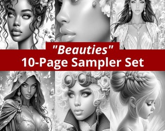 Páginas para colorear en escala de grises para adultos: muestra de retratos realistas de fantasía (descarga digital) - Bellezas