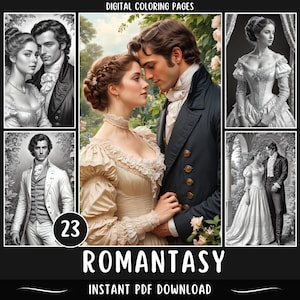 23 „Romantasy” Grayscale Coloring Pages | Romans Fantasy | Pary | Piękne Kobiety | Przystojni Mężczyźni | Epoka Wiktoriańska | Epoka Regencji | PDF