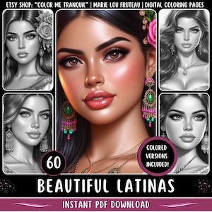 Dibujos para colorear con retratos realistas de mujeres latinas (patrón en PDF)