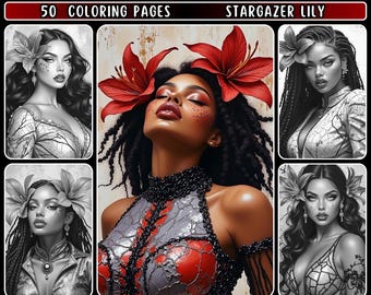 50 Grayscale Coloring Pages – Fantasy & Realistic Portraits (Digital Download) - Stargazer Lily